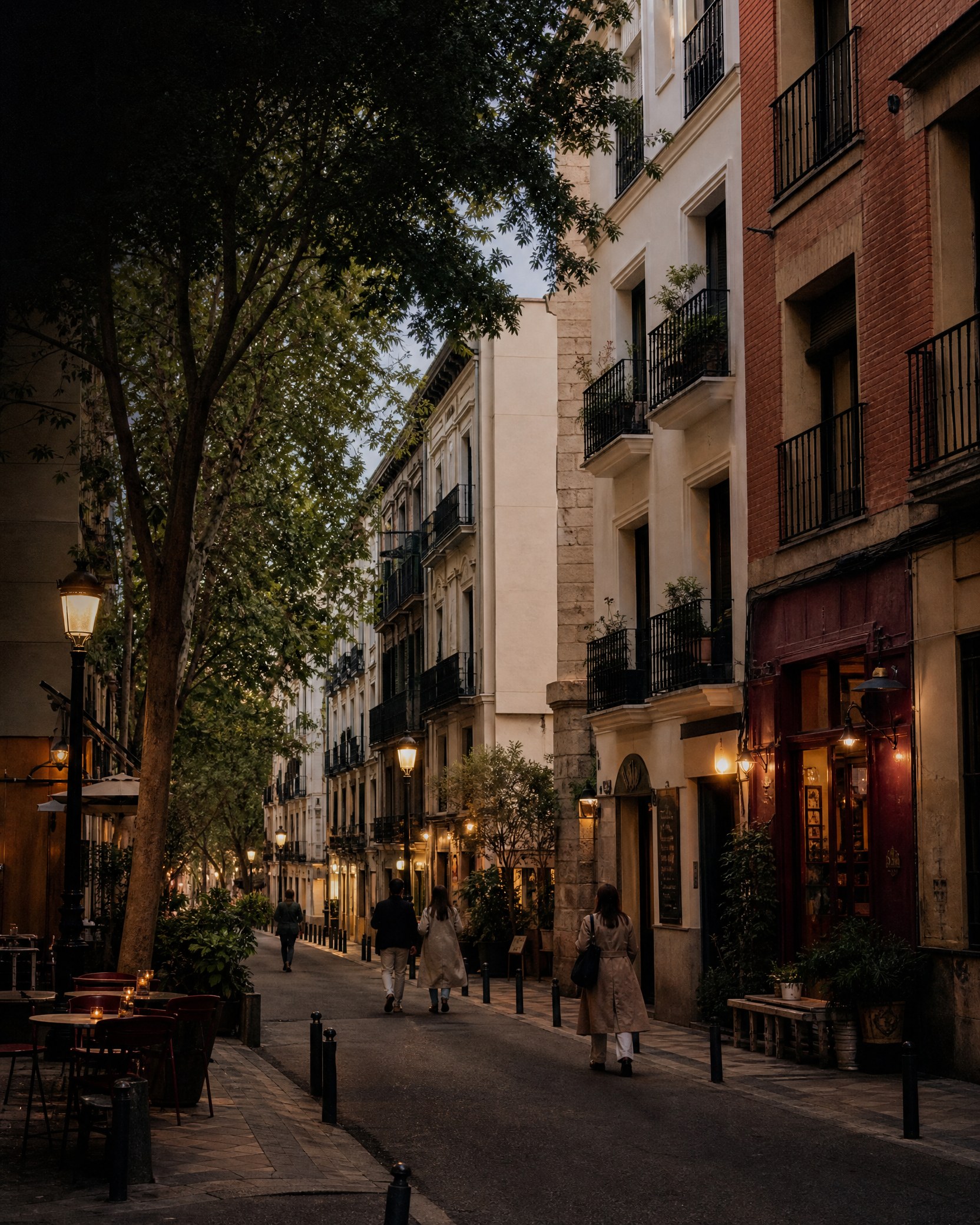 Calle de barrio en Madrid al atardecer